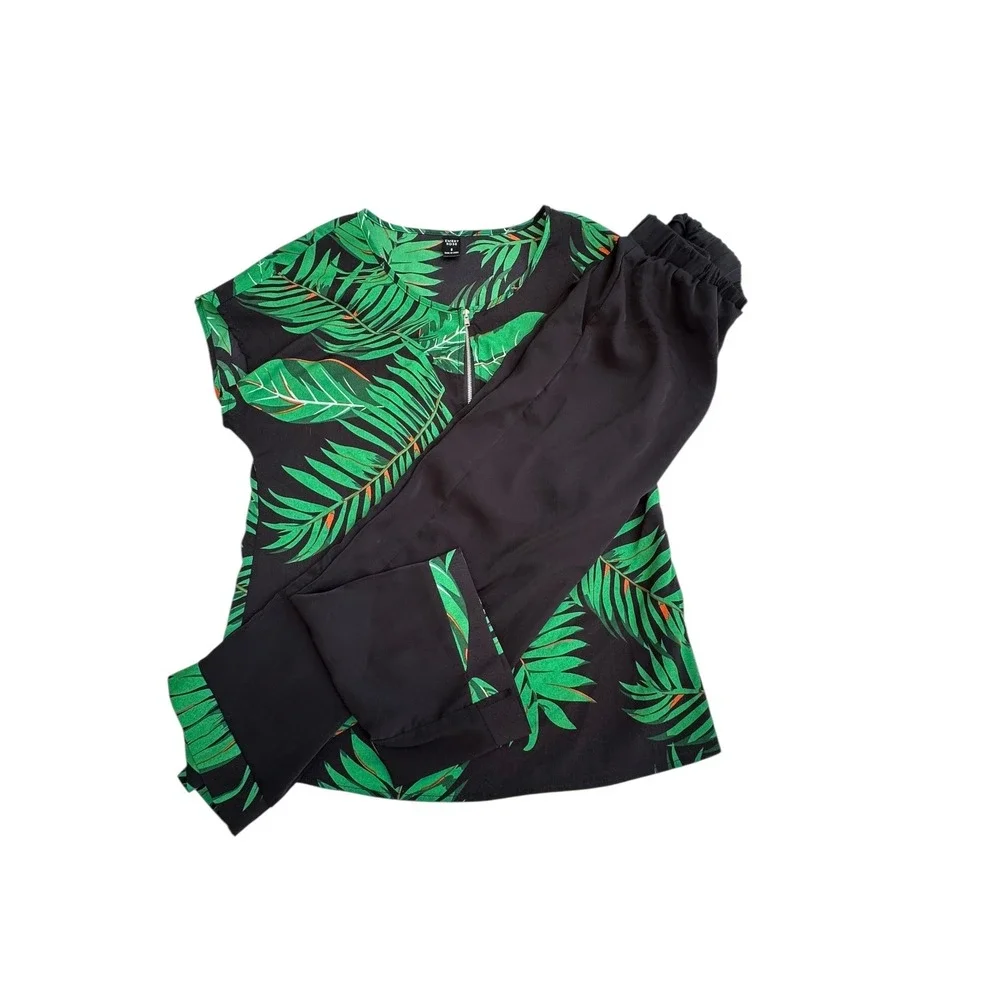 Emery‎ Rose Women's Black Green Palm Leaf Print Top & Pants Set - Size S